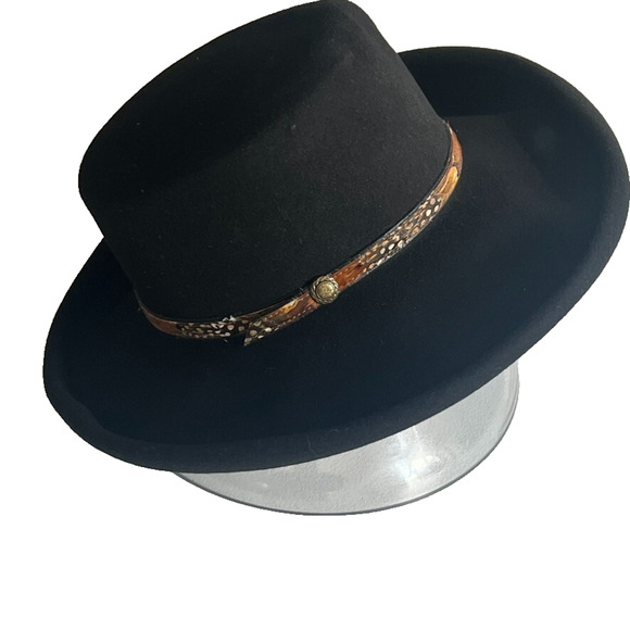 IMPORTINA Dollman Hat Womens Black Roll Up Edge Wool Leather Feathers Trim Vtg - Picture 2 of 13